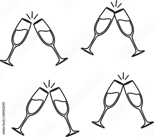 A grid of four pairs of champagne flutes clinking together in a celebratory toast symbolizing joy success and special occasions also transparent background