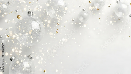 Sparkling transparent Christmas baubles and shimmering golden glitter on a pristine white background create an elegant, festive holiday design. Ideal for joyous seasonal celebrations