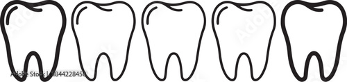 A horizontal row of five stylized tooth each with a distinct outline representing dental health and oral hygiene concepts also transparent background