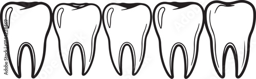 A row of five stylized black and white of human teeth in a simple outline format representing dental health and hygiene also transparent background
