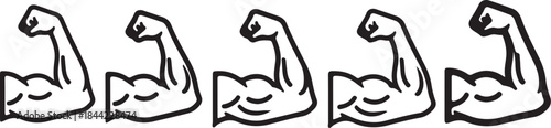 A row of five identical black and white cartoon of a flexed bicep muscle symbolizing strength power and fitness also transparent background