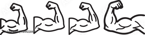 A series of four stylized flexing bicep muscles in a bold black and white line style, conveying strength, power, fitness, and determination for sports or motivational also transparent background