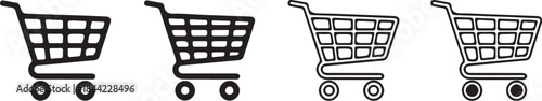 A row of four black and white line depicting shopping carts of different styles and fill levels, representing e-commerce, retail, and consumerism with a clear visual also transparent background