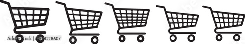 Row of five identical black shopping cart with wheels and handles displayed horizontally on a white background, symbolizing commerce also transparent background