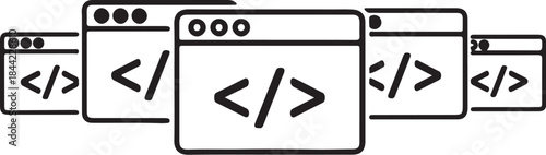 Multiple browser windows displaying code tags symbolizing software development and web programming concepts also transparent background