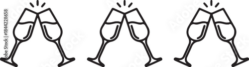 Three sets of clinking champagne glasses with bubbles rising in a celebratory toast, depicted in a simple black and white line style event invitations or party decorations also transparent background