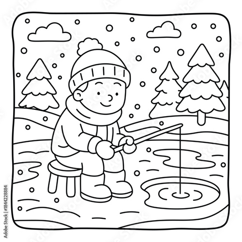 Smiling child ice fishing on a frozen lake in winter, cute black and white outline illustration for kids coloring page