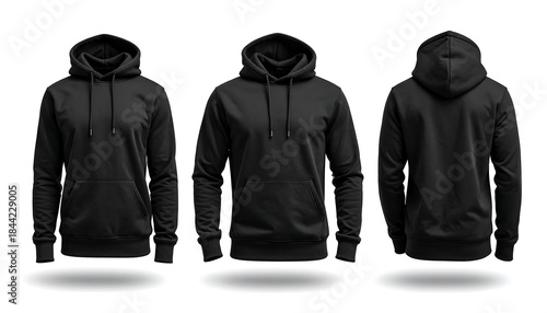 Three views of a plain, black hooded sweatshirt, front, side, and back, on a white background