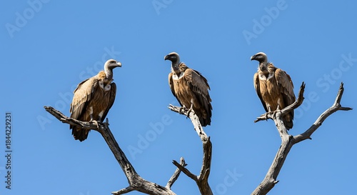 Three vultures perch on a barren branch against a clear blue sky