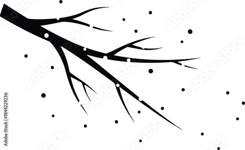 Black silhouette of bare branches against white with falling dots