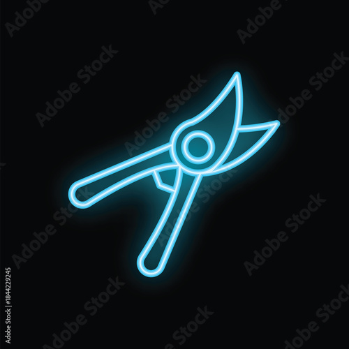 Blue neon sign depicting a pair of garden secateurs, isolated on a black background