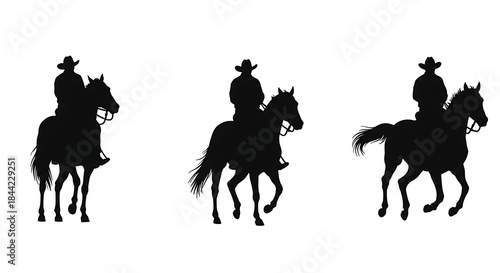 Three silhouette images of a cowboy riding a horse, each in a different pose on a white background