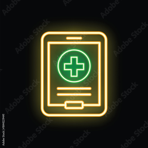 Neon green medical app icon is glowing on a smartphone screen against a dark background