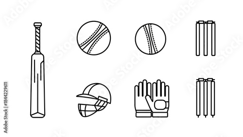 Collection of Cricket Equipment Set Outline Style Vector Illustration Isolated on White Background Showing Sports Gear and Essential Elements