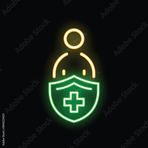 Neon sign illustrating the concept of health insurance protecting a patient with a medical shield