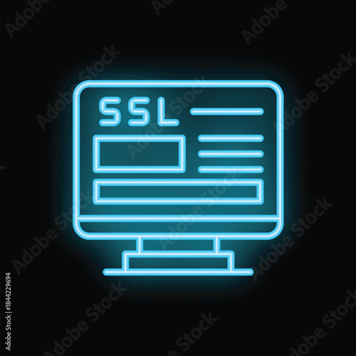 Neon blue icon of a ssl certificate is glowing on a black background