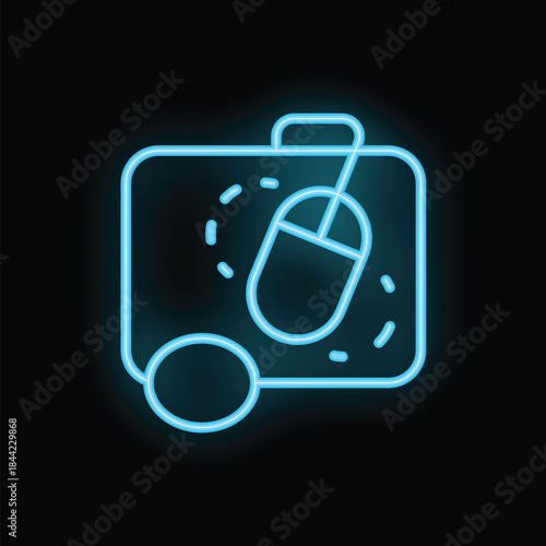 Blue neon icon of a suitcase with a computer mouse on it representing the concept of working remotely