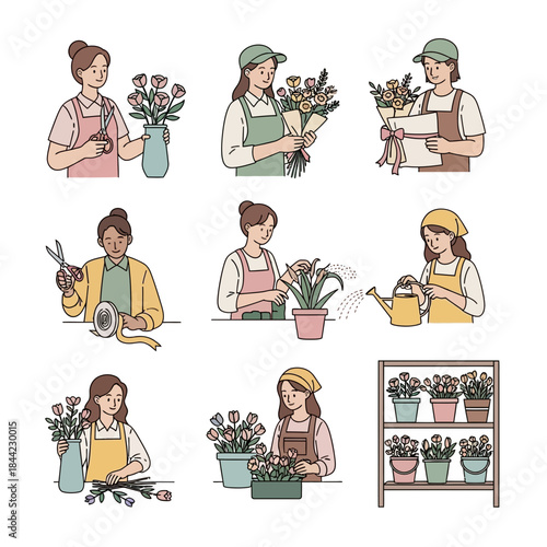 Collection of illustrations depicting women florists creating beautiful floral arrangements and caring for plants in a flower shop