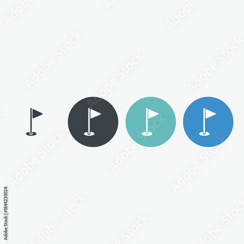 A collection of golf flag in various sizes and colors including a small black and larger circular in dark gray teal and blue