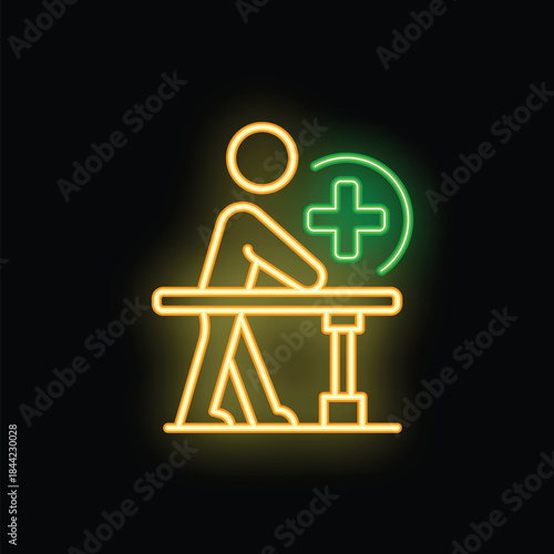 Neon sign representing a patient using parallel bars to walk during his rehabilitation process