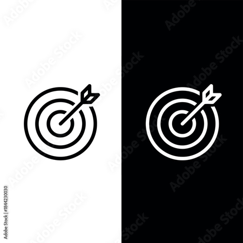 Clean line of a dartboard with an arrow hitting the bullseye presented side by side on contrasting white and black backgrounds for versatile use