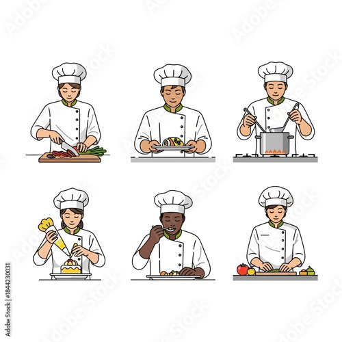 Illustrative set showcasing professional chefs actively involved in various kitchen tasks and culinary preparations