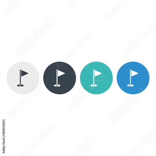 A series of golf flag presented on a light gray background with a small black and three larger circular in dark gray teal and blue