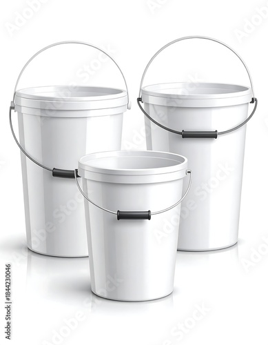 Three white empty buckets with steel handles are shown on a white background, lit from front