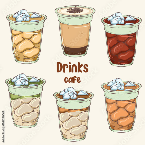 Cute Hand-Drawn Cafe Drinks Set: Iced Boba Tea, Coffee, and Milk Tea Collection