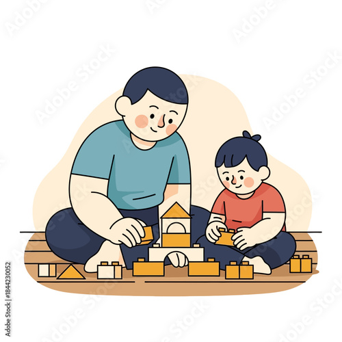 Engaged father and child building a playful block house, sharing educational playtime and creativity