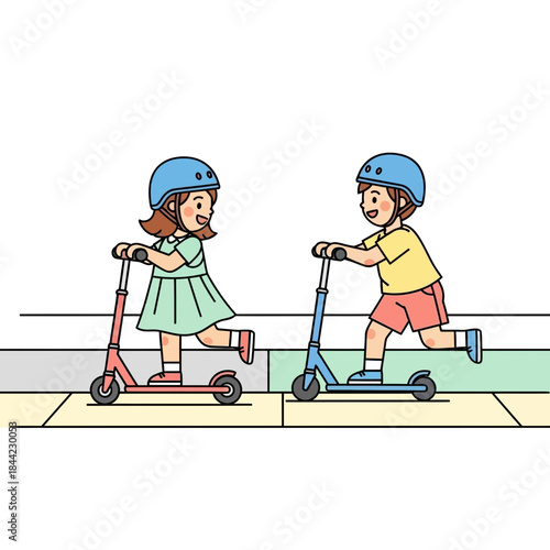 Happy children safely enjoying an exciting outdoor adventure, riding scooters together on a sunny day