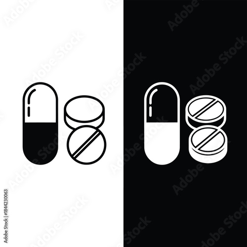 Minimalist black and white of a capsule and two round pills with dividing lines for medical or pharmaceutical concepts