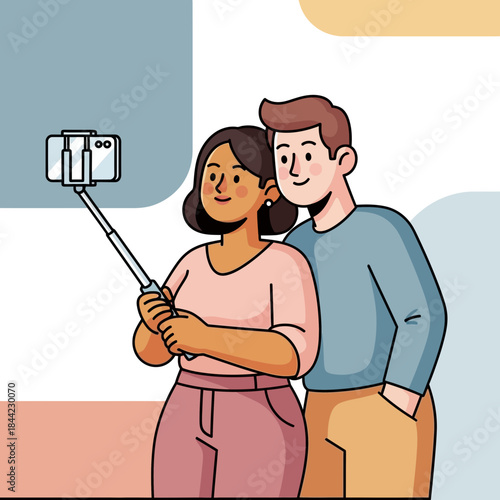 Couple capturing happy moments together using a selfie stick, illustrating modern social sharing and connection