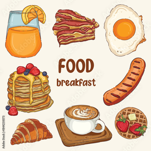 Delicious Hand-Drawn Breakfast Set: Pancakes, Bacon, Fried Egg, Coffee, and Orange Juice Illustration