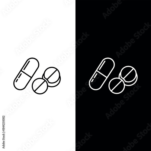 Minimalist outline of medical pills and capsules presented on contrasting black and white backgrounds for versatile applications