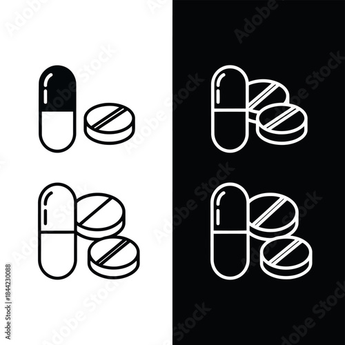 Simple line of a medical capsule and round pills presented on a contrasting black and white split background for use