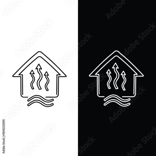 Outline of a house with arrows indicating airflow or energy flow, presented on black and white backgrounds