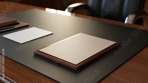 Executive retirement plaque resting on a leather desk mat in a professional office