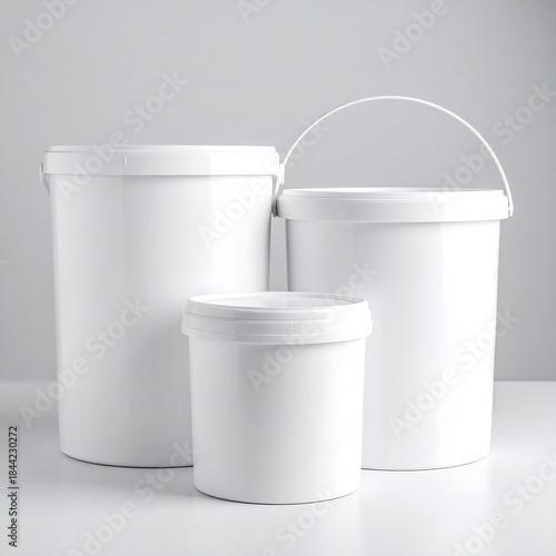 Three white plastic buckets of varying sizes, staged on a white table, studio shot, plain background