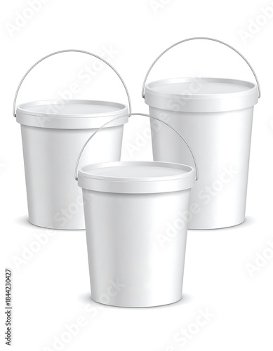 Three white plastic buckets with handles, lids, and slight shadows against a white background