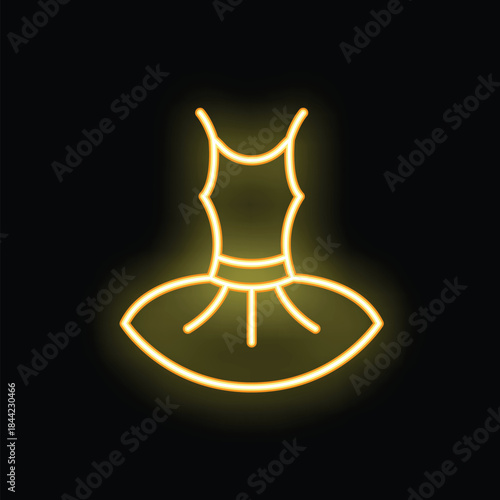 Yellow glowing neon sign depicting a stylized tutu dress, on a black background