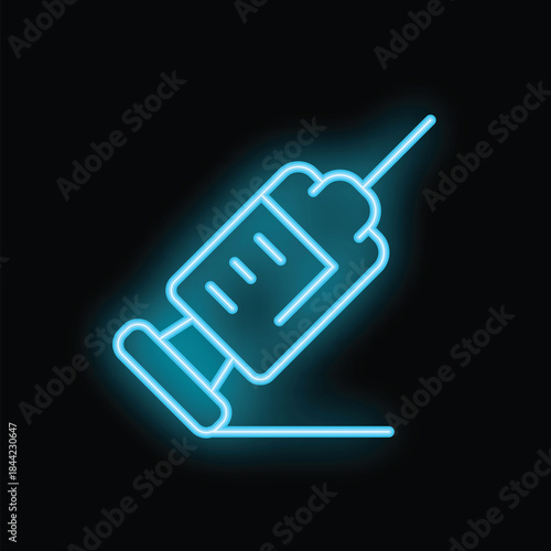 Blue neon syringe icon is glowing against a black background