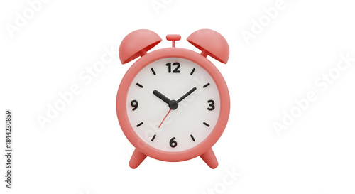 A delightful 3d rendering of a pink alarm clock with a white face on a black background