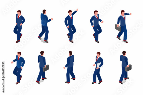 Isometric businessmen in various walking poses depicted in a repeating pattern
