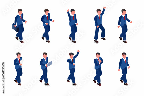 Isometric businessmen in various poses walking and celebrating success
