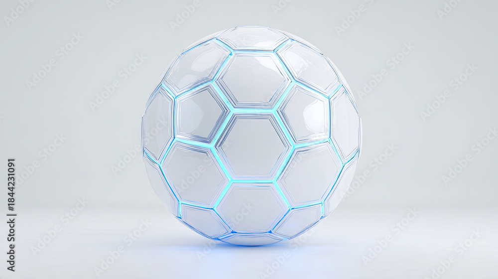 Naklejka premium Futuristic Soccer Ball With Glowing Blue Hexagon Pattern On White Background.