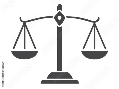 A simple gray illustration of the scales of justice on a black background