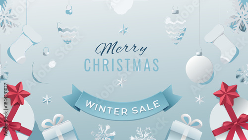Festive christmas decorations with a winter sale banner and holiday greetings