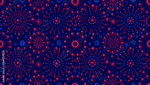 A seamless pattern of red and blue fireworks against a dark background