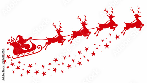 Santa claus and his reindeer sleigh flying through a starry winter night